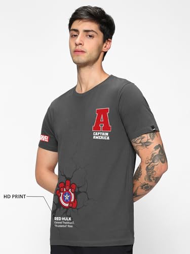 Bewakoof Official Marvel Merchandise Captain America Mens Graphic Printed Regular Fit Half Sleeve Round Neck Cotton Jersey T-Sh