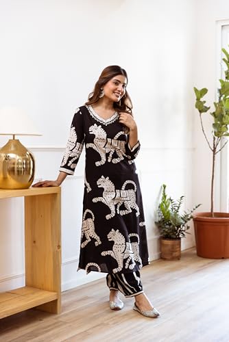 Ishin Black Rayon Quirky Printed Kurta With Pants