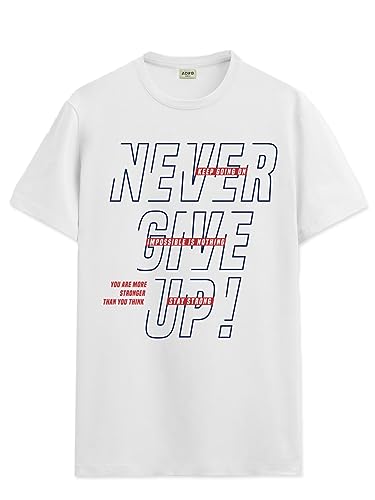 ADRO Never Give Up Printed T-Shirt for Men - 100% Cotton, Regular Fit, Soft Breathable Fabric. (RN23-M-NVR-WH_White_XL)