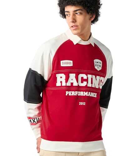 Bewakoof Heavy Duty 1.0 Mens Typography Oversized Fit Full Sleeve Round Neck Poly Cotton Sweatshirt_644540_Red_L