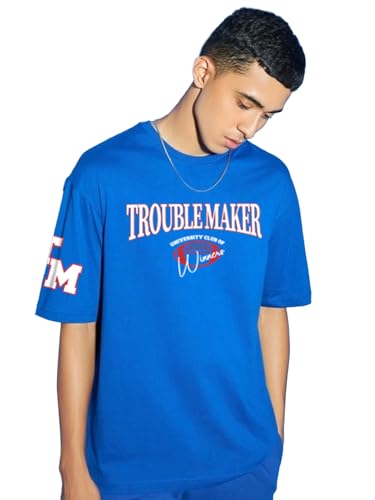 Bewakoof MenS Typography Print Oversized Fit Half Sleeve Round Neck Cotton Plus Size T-Shirt_677472_Blue_5Xl