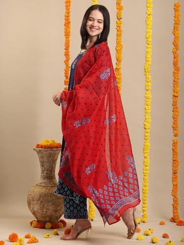 GoSriKi Women's Rayon Blend Printed Kurta with Pants & Dupatta, Medium, Blue, Model: MASUMI BLUE-VKS01-GS