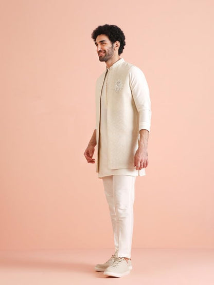 Kisah Mens Kurta Jacket Trouser Set|Silk Blend Fabric Stylish Woven Design Pattern Mens Ethnic Wear|Regular Fit Mandarin Collar
