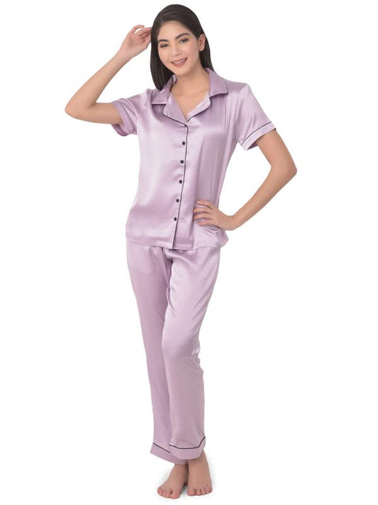 Clovia Womens Satin Button Me Up Shirt & Pyjama Set (Ns0597R12_Lavender_S)