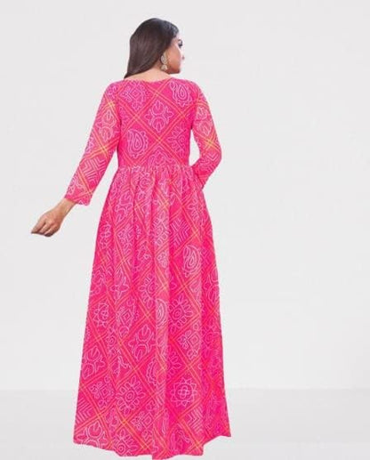 Anveri Textiles WomenS Georgette Fancy Bandhani Printed Gown Kurti With Round Neck 3/4 Sleeves Fit Flared Ankle Length | Maxi D