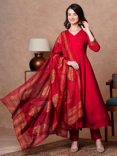 GoSriKi Anarkali Kurta Set, Rayon Blend, Medium, Red, with Trousers & Dupatta, Model MAGIC-NDM-GS