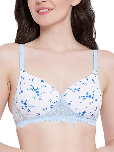 Clovia Womens Cotton Padded Non-Wired Floral Print T-Shirt Bra (BR1806K18_White & Blue_40B)
