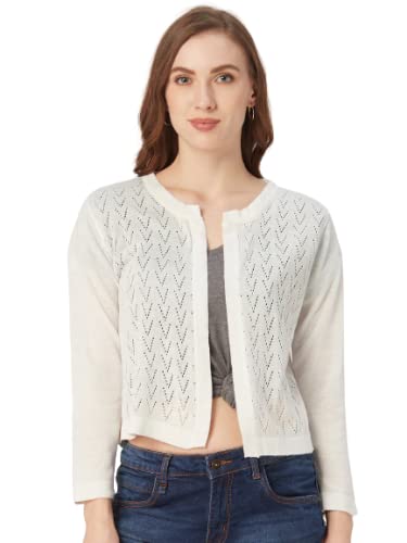 Style Quotient Women White Self Design Knitted Open Front Regular Shrug