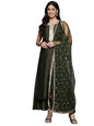 Varanga Women Olive Green Lace Embellished Sleeveless Straight Kurta Paired With Tonal Plazzo And Dupatta