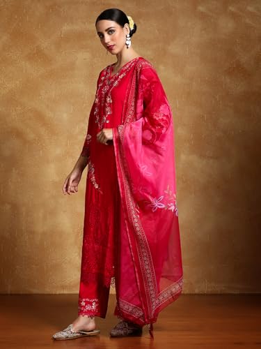 Varanga Women Floral Heavy Thread Embroidered Schffili Hem Kurta With Trouser & Dupatta