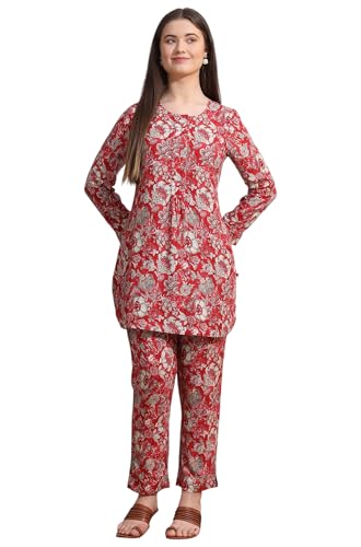 W for Woman Red Floral Printed Rayon Straight Short Kurti and Pants Co-ord Set