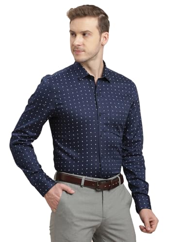 Turtle Men 100% Cotton Slim Fit Blue Printed Full Sleeve Formal Shirt