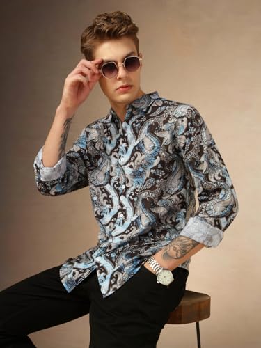 Dennis Lingo Men Regular Fit Cotton Full Sleeves Ethinc Print Casual Shirts Blue