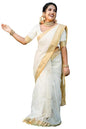 Yashika Womens Solid White Color and Gold Border Cotton Blend Saree with Unstitched Blouse Material-Special for Pongal Onam Fes