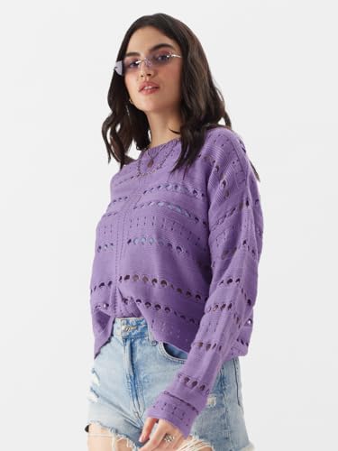 The Souled Store Solids: Periwinkle Women and Girls Long Sleeve Round Neck Acrylic Oversized Fit Sweaters