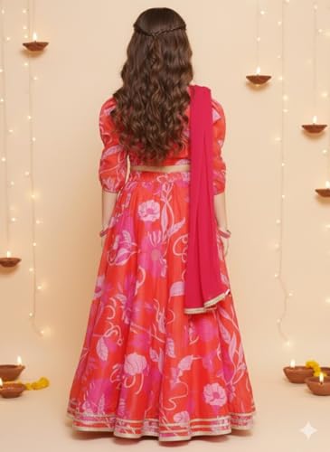 Naixa Girls Red Chanderi V Neck 3/4 Sleeve Floral Printed Choli And Lehenga With Dupatta Set | Latest Floral Designer Printed Le