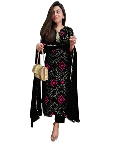 GoSriKi Womens Rayon Blend Straight Bandhej Printed Kurta with Pant & Dupatta (Turae Black-GS_M_Black_Medium)
