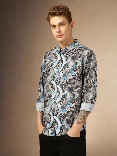 Dennis Lingo Men Regular Fit Cotton Full Sleeves Ethinc Print Casual Shirts Blue