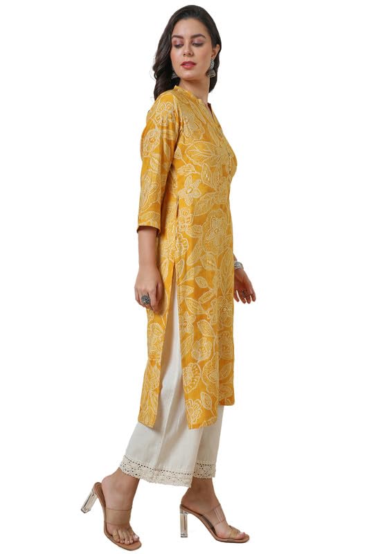 Soch Womens Yellow Viscose Blend Botanical Print Kurta