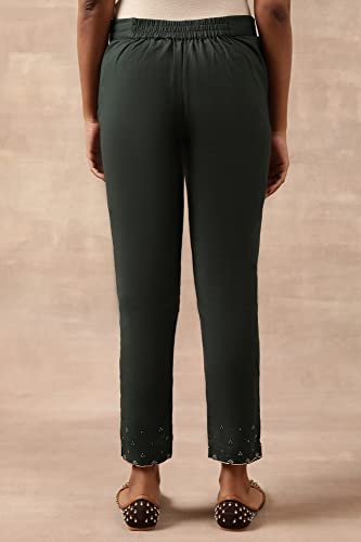 W for Woman Folksong Cotton Blend Strechable Slim Pants for Women | Cotton Blend Slim Pants for Women | Trousers for Women Green