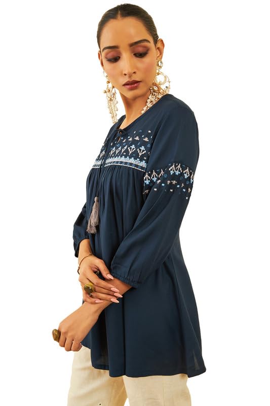 Soch Womens Navy Blue Rayon Embroidered Empire Tunic with Tie-ups