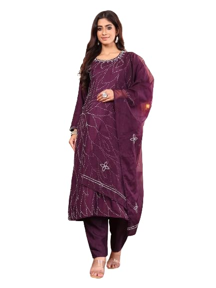 Varanga Women Purple Hand Embroidered French Knot Kurta With Tonal Bottom And Embroidered Dupatta.