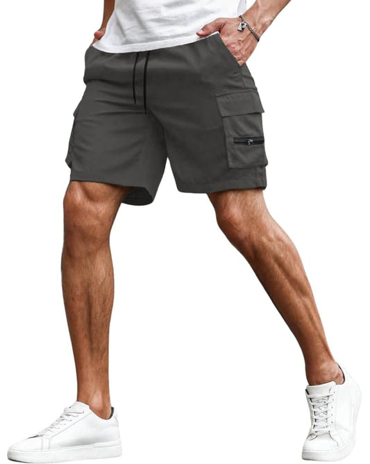 SMOWKLY Mens Cotton Casual Relaxed Regular Fit Camo Cargo Shorts || Drawstring & Elastic Waist Multi Pocket Summer Beach Hiking