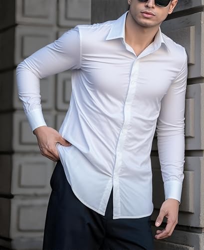 Indoprimo MenS Casual Button Down Long Sleeve Satin Plain Shirt White