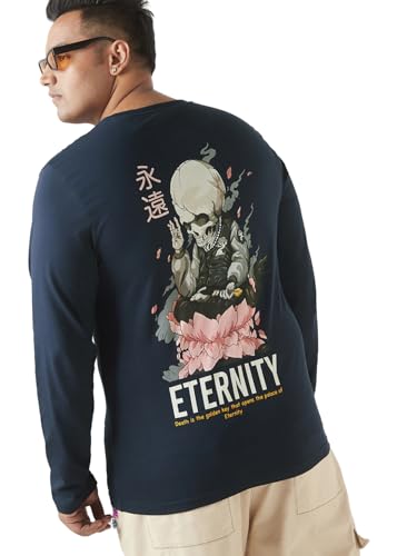 Bewakoof Plus Mens Graphic Print Regular Fit Full Sleeve Round Neck Cotton Plus Size T-Shirt_647023_Blue_3XL