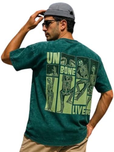Veirdo Mens Graphic Print Oversized Fit Short Sleeve Round Neck Cotton Acid Wash T-Shirt in Colors with Sizes