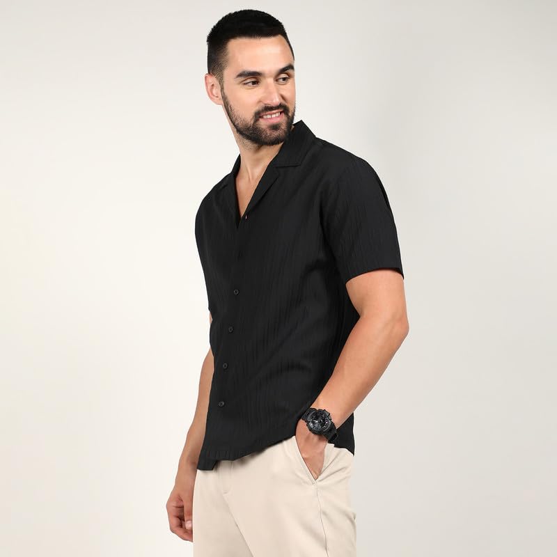 Campus Sutra Mens Charcoal Black Self-Design Striped Shirt for Casual Wear | Spread Collar | Short Sleeve | Button Closure | Sh
