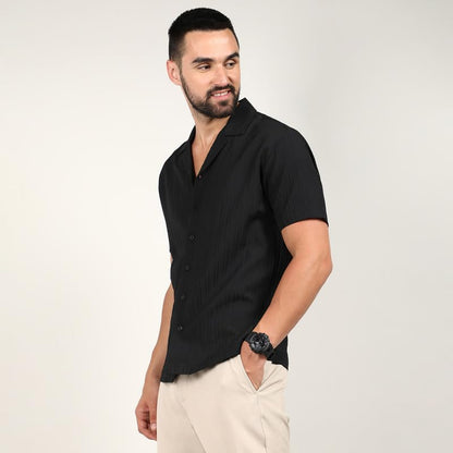 Campus Sutra Mens Charcoal Black Self-Design Striped Shirt for Casual Wear | Spread Collar | Short Sleeve | Button Closure | Sh