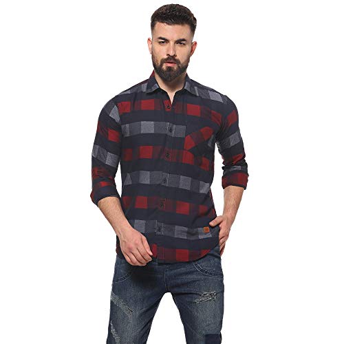 Campus Sutra MenS Navy Blue & Red Gun Club Check Shirt For Casual Wear | Spread Collar | Long Sleeve | Button Closure | Cotton