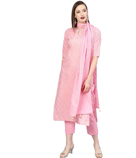 Gosriki WomenS Cotton Foil Printed Kurta With Palazzo And Dupatta (Raju Pink Styl_Xxl_Pink_Xx-Large)