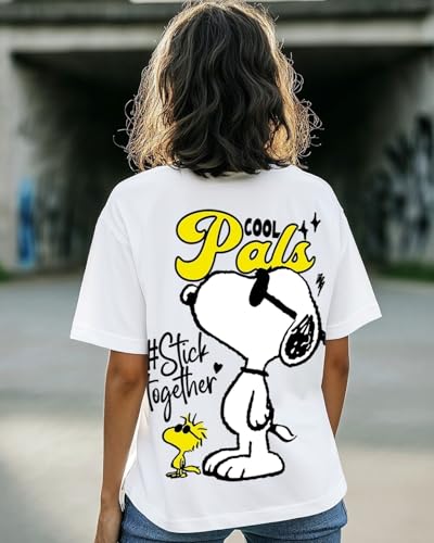Bewakoof Official Peanuts Merchandise Womens Graphic Printed Oversized Fit Half Sleeve Round Neck Cotton T-Shirt_ 594428_White_