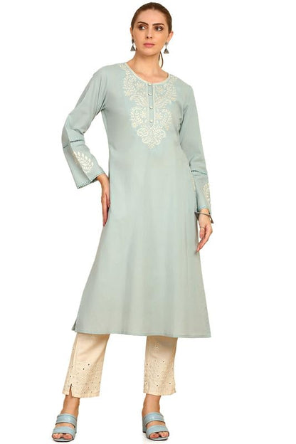 Soch Womens Powder Blue Solid with Yoke Embroidered Cotton Kurta with Lace