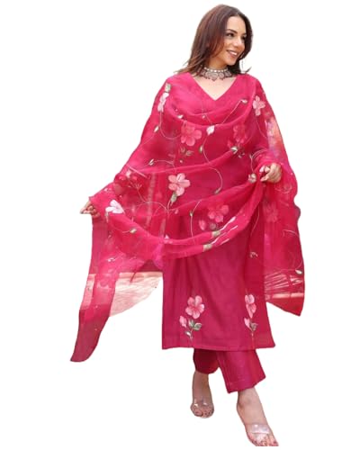 ANNI DESIGNER Womens Rayon Blend Straight Printed Kurta with Pant & Dupatta (ROKA Rani_L_Pink_Large)