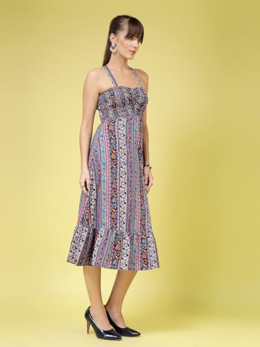 OOMPH! Womens Western & Fusion wear Printed Crepe Dress for Women, Smocked Bodice, Black - md1030