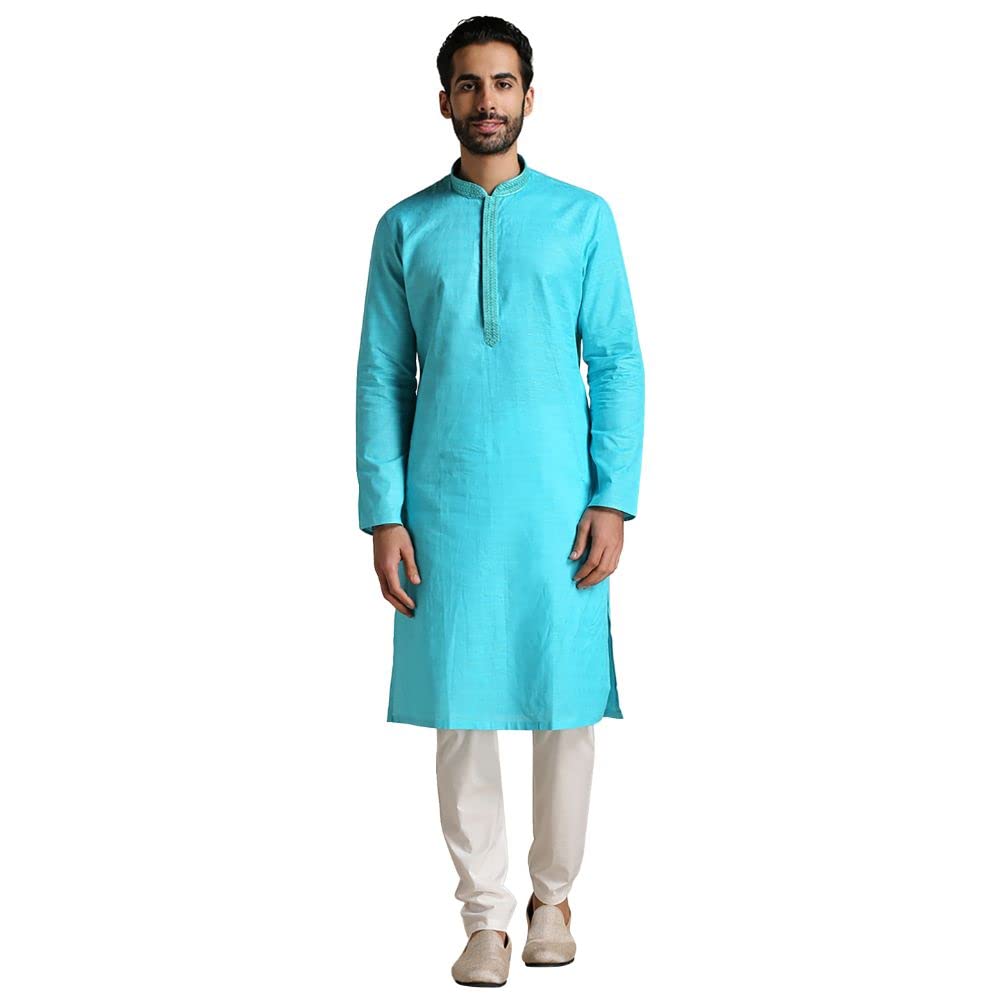 Manyavar Kurta Set For Men, Full Sleeves Mandarin Collar Ethnic MenS Kurta Set For Engagement, Wedding, Party Cotton Solid (Blu