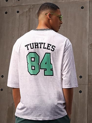 Bewakoof X Official Teenage Mutant Ninja Turtles Merchandise Mens Turtles Jersey Graphic Printed mesh T-Shirt - Oversized Fit,