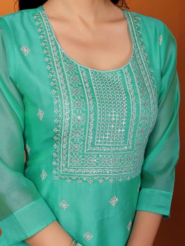 rangita Sea Green Viscose Blend StraightEmbroidered Calf Length Kurti | Kurta for Women