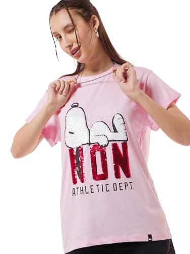 Bewakoof Official Peanuts Merchandise Womens Embellished Boyfriend Fit Half Sleeve Round Neck Cotton T-Shirt_633891_Pink_S