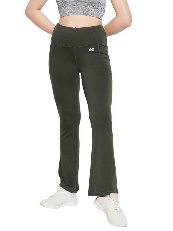 Clovia Womens Comfort Fit High-Rise Flared Yoga Pants with Side Pockets (AB0119R17_Green_L)