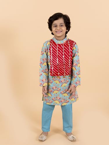 Pspeaches Kids-Boys Sea Green Printed Pleated Pure Cotton Kurta With Churidar