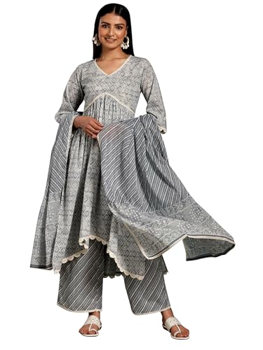 Libas Grey Printed Cotton A-Line Kurta With Palazzos & Dupatta