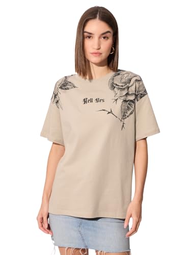 The Souled Store Hell Yes Women and Girls Short Sleeve Round Cotton Oversized T-Shirts Beige