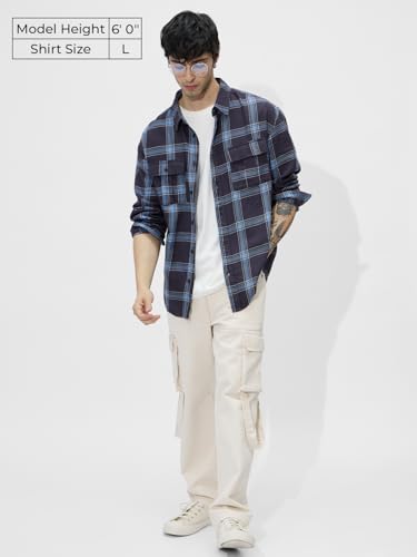 The Souled Store Plaid: Blue Men And Boys Long Sleeves Collared Neck Button Front Cotton Utility Shirts
