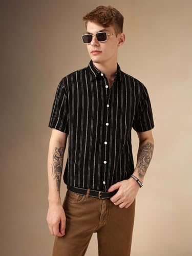 Dennis Lingo Men Black Polycotton Dobby Half Sleeve Spread Collar Stripes Shirts