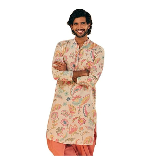 Kisah MenS Multi-Color Printed Cotton Kurta-Regular Fit Long Tunic With Mandarin Collar | Ethnic Wear For Weddings & Festive Oc