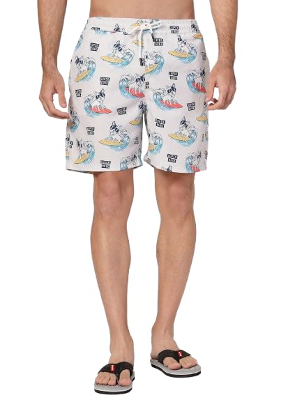 Style Quotient Men Off White and Multi Conversational Print Polyester Regular Swim Shorts